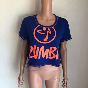 Zumba Fitness Women's Size M Royal Blue Terry Crop Tee with Neon Orange Logo